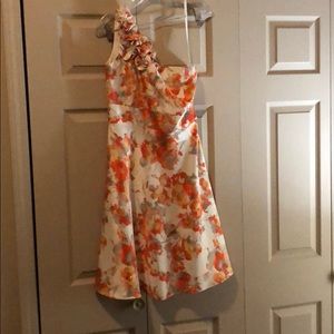 Tahari One Shoulder Orange Floral Dress Size 6 EUC